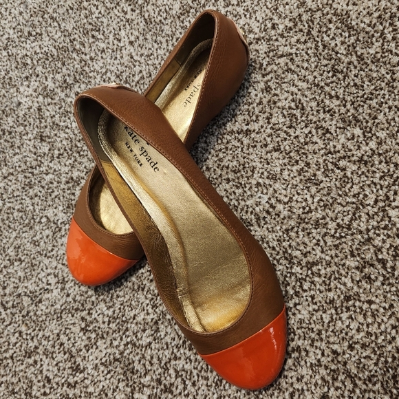 Kate Spade Brown Leather and Orange Patent Leather Women's Flats SZ 6.5 - Picture 1 of 9